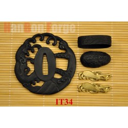 Japanese Sword High Quality Tsunami Theme Iron Tsuba Fuchi Koshira Menuki 